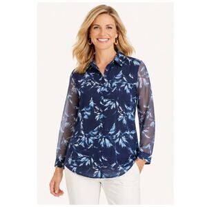 NWT Chicos Navy Blue Feather Print Button-Up Blouse with Sheer Sleeve Size 3/XL